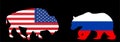 United States of America flag over bison buffalo against Russia flag over bear vector silhouette illustration.