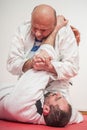 BJJ Brazilian jiu-jitsu training demonstration in traditional kimono Royalty Free Stock Photo