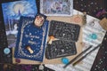 Fairytales fantasy concept with vintage elements, music sheet and starry glitter