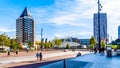 Blaak train Station is with the disc shaped overhead steel structure in the center of Rotterdam, the Netherlands