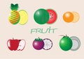 Include fruit set: Pineapple, Watermelon, Orange, Apple, Mangosteen, Coconut Full and half Light pink background Royalty Free Stock Photo