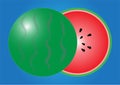 Green rind watermelon, red inner full and half Blue background