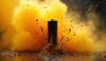 A black AA battery explodes with a dramatic yellow smoke cloud and flying debris. Particles scatter from its base. This Royalty Free Stock Photo