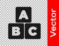 Black ABC blocks icon isolated on transparent background. Alphabet cubes with letters A,B,C. Vector