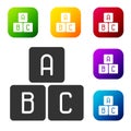 Black ABC blocks icon isolated on white background. Alphabet cubes with letters A,B,C. Set icons in color square buttons Royalty Free Stock Photo