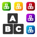 Black ABC blocks icon isolated on white background. Alphabet cubes with letters A,B,C. Set icons in color square buttons Royalty Free Stock Photo