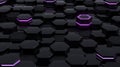 Black abstract futuristic hexagonal background with purple light, 3D rendering