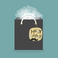 Black abstract gift bag with tissue papers and hanging happy birthday tag icon