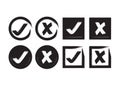 Black abstract inky circle and square check mark and crossed mark icons set