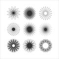 Black abstract isolated round sunburst decorative icons and design elements set on white