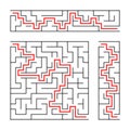 Black abstract labyrinth. A set of three puzzles. An interesting and useful game for children. With the answer. Simple flat vector