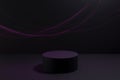 Black abstract stage with one circle podium mockup with dynamic pink trails of flashes, lights for presentation cosmetic products