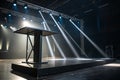 Black abstract table stage with light beams