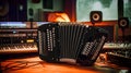 Black accordion on wooden surface in music studio Royalty Free Stock Photo