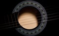 Black acoustic guitar soundhole closeup Royalty Free Stock Photo