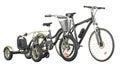 Black adult bicycle, kids bicycle with training wheels and kids tricycle. Family Bicycles concept. 3D rendering