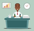 A black african american businessman person or clerk working at a office desk. Flat illustration