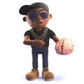 Black African American cartoon hiphop rapper holding a human brain