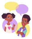 Black African American children characters with comics speech bubbles with empty space for text.