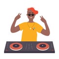 Black African American DJ man on musical party vector illustration. Cartoon flat male DJ character with turntable mixer Royalty Free Stock Photo