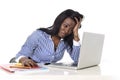 Black African American ethnicity frustrated woman working in stress at office Royalty Free Stock Photo