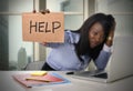 Black African American ethnicity tired frustrated woman working in stress asking for help Royalty Free Stock Photo