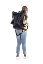 Black Female Hiker Wearing a Back Pack on a White Background