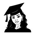 Black african american girl in graduation hat. Female student black silhouette. Vector illustration on white isolated background. Royalty Free Stock Photo