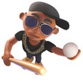 Black African American hiphop rap artist holding a baseball bat and ball, 3d illustration Royalty Free Stock Photo