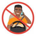 Black african american man driving a car talking on the phone. sign stop danger