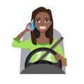 Black african american woman driving a car talking on the phone