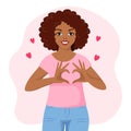 A black African American woman with a joyful expression shows a heart with her hands. Human emotions. Flat style illustration