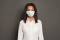 Black African American woman wearing a face mask on yellow background. Woman in medical mack. Flu epidemic and virus protection