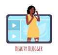 Black african Beauty blogger showing trend makeup tutorial with lipstick. woman creating content and posting on social media.