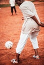 Black african children, boys and adults playing soccer Royalty Free Stock Photo