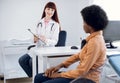 Black African female patient consulting with young confident European doctor about her health in hospital. Doctor taking Royalty Free Stock Photo