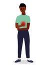 Black african man feels a strong pain in the stomach. Stomach disease, ulcers, gastritis. Cartoon vector