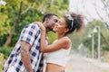 Black african man and women couple lover teen lifestyle living together at park outsoors