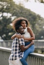 Black african man and women couple lover teen lifestyle living together at park outsoors