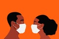 Black African People, Man, Woman in the Respiratory Medical Masks. Distance, Quarantine, Coronavirus Concept. COVID-2019