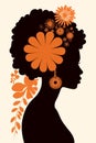 Black African woman with orange color flowers, silhouette vector illustration. Boho poster design Royalty Free Stock Photo