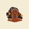 Black African woman portrait summer yellow flower hairstyle golden earrings vector flat illustration illustration