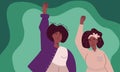 Black African women, African American women raise their fist up, demonstrating the existence of rights and opportunities