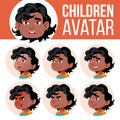 Black, Afro American Boy Avatar Set Kid Vector. Kindergarten. Face Emotions. Portrait, User, Child. Junior, Pre-school