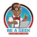 Black Afro American Boy Computer hacker Programmer Geek Cartoon Logo