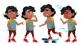 Black, Afro American Boy Kindergarten Kid Poses Set Vector. Kiddy, Child Expression. Junior. For Postcard, Cover