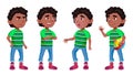 Black, Afro American Boy Kindergarten Kid Poses Set Vector. Preschool, Childhood. Friend. For Cover, Placard Design