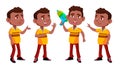 Black, Afro American Boy Kindergarten Kid Poses Set Vector. Preschool. Young Person. Cheerful. Water Gun. For Web