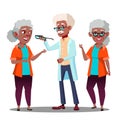 Black Afro American Oculist Doctor Giving Glasses To Old Woman Patient With Vision Problem Vector. Isolated Cartoon Royalty Free Stock Photo