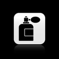 Black Aftershave bottle with atomizer icon isolated on black background. Cologne spray icon. Male perfume bottle. Silver